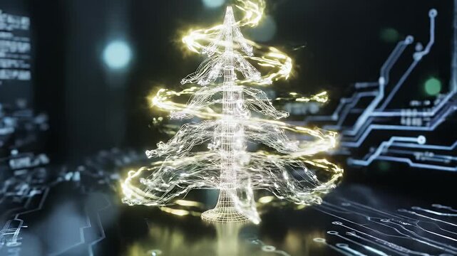 Digital Christmas Tree on Circuit Board - This video shows a stylized, digital Christmas tree outlined in pink and gold, shimmering against a dark background with blurred bokeh lights.
