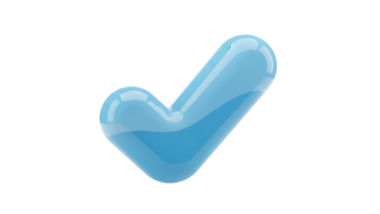 Glossy blue check mark PNG isolated on transparent background, 3D rendering of a validation symbol for graphic design and user interface elements