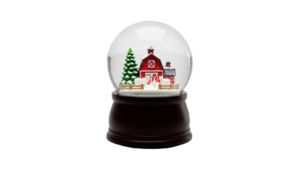 Festive snow globe with red barn and Christmas tree isolated PNG, winter holiday decoration for seasonal design and crafts