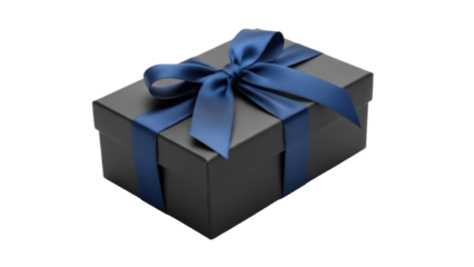 Elegant gray gift box with blue satin ribbon isolated PNG, present for special occasions and celebrations on transparent background