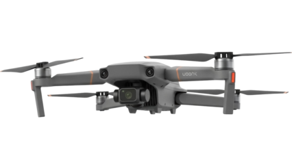 Gray drone with camera isolated PNG, unmanned aerial vehicle for aerial photography and videography on transparent background