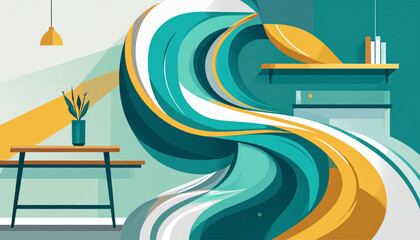Graphic illustration of an interior with a table, lamp, stylized flow effect and geometric teal background