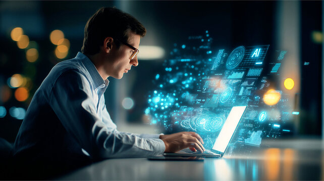 A professional person working on a laptop, surrounded by futuristic technology and data visualization, indicating innovation and digital transformation