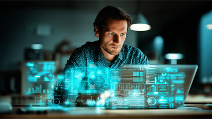 Focused professional deeply engaged with advanced technological interface. A man is immersed in his work, analyzing data on a futuristic screen