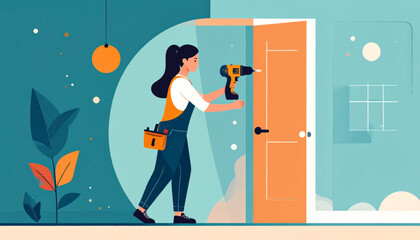 Illustration of a woman using a drill on a door in an airy, modern, blue and orange interior space