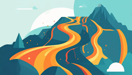 Graphic landscape with mountains and winding river of orange, yellow, and white tones under a blue sky