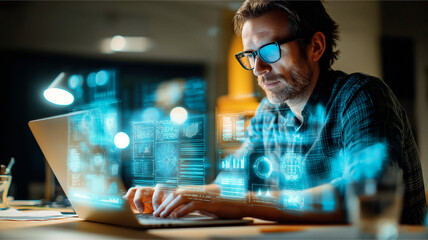 A man working on his laptop with virtual display graphics, highlighting the fusion of technology and work. The individual, engrossed in his task, with glasses, signifying focus