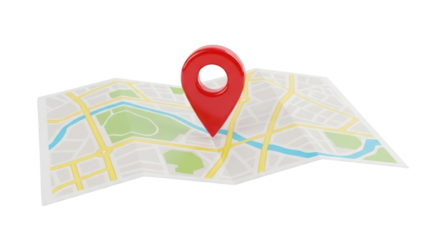 Red map pointer on city map isolated PNG, location pin icon for navigation and travel planning on transparent background