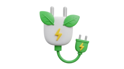 Green energy plug with leaves isolated PNG, eco-friendly power source on transparent background for sustainable living concepts