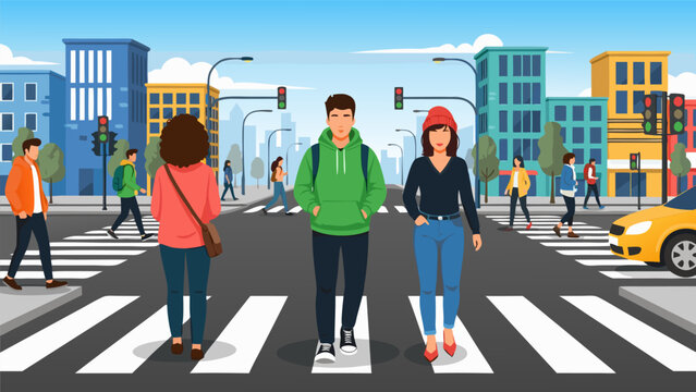City street scene with pedestrians crossing the road at a crosswalk, bustling urban environment with traffic lights and buildings