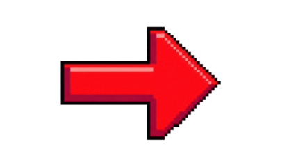 Pixel art red arrow PNG isolated on transparent background, right direction pointer for retro games and graphic design projects