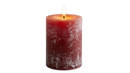 Textured red candle with flame isolated PNG, decorative wax pillar for romantic mood and holiday celebration on transparent background