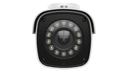 Fototapeta premium Modern black and white security camera isolated PNG, surveillance equipment for home security and crime prevention, on transparent background
