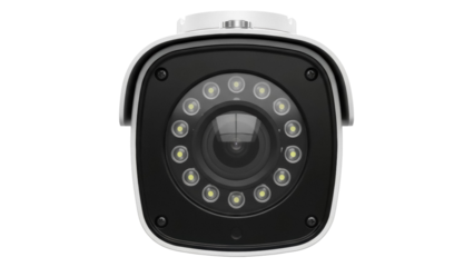 Modern black and white security camera isolated PNG, surveillance equipment for home security and crime prevention, on transparent background
