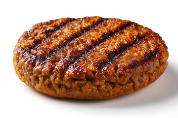 Plant-based burger patty with grilled texture and rich color, showcasing vegan-friendly alternative, isolated on white background.

