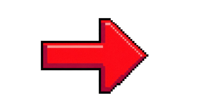 Pixel art red arrow PNG isolated on transparent background, right direction pointer for retro games and graphic design projects