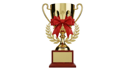 Golden trophy cup with red ribbon and laurel wreath isolated PNG, award prize for winning...