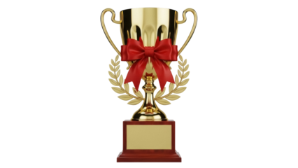 Golden trophy cup with red ribbon and laurel wreath isolated PNG, award prize for winning competition and achievement on transparent background