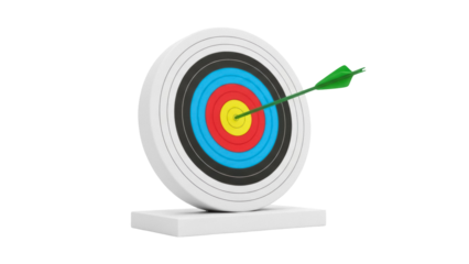 Archery target with green arrow in bullseye isolated PNG, achieving goals and success in business and life concept