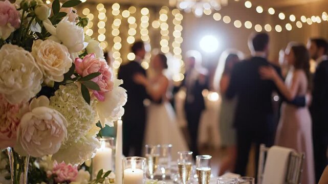 Elegant Wedding Reception Celebration with Dancing Guests Soft Romantic Lighting and Beautiful Floral Centerpiece on Foreground Table with Champagne Glasses