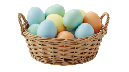 Pastel Easter eggs in a wicker basket isolated PNG, colorful spring holiday eggs for decoration and design on transparent background