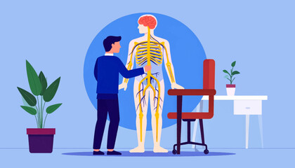 Man examining nervous system model in an office with a desk, chair, and plants on a light blue background
