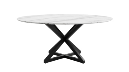 Round marble dining table with black base isolated PNG, modern furniture for kitchen and dining room on transparent background