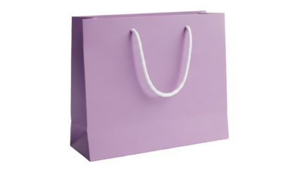 Lavender paper shopping bag isolated PNG, elegant gift bag with rope handles for retail and promotional use on transparent background