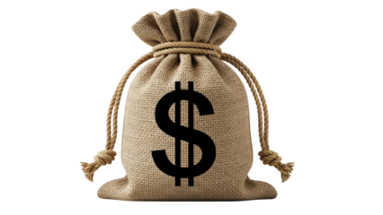 Money bag with dollar sign isolated PNG, burlap sack full of cash for finance, savings and investment concepts on transparent background
