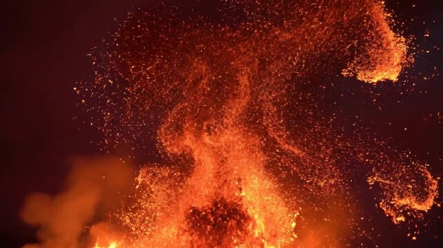 P79-Fire flakes rising up on the night maroon sky with the feeling of a huge fire happening. Bright fire 4K 10s