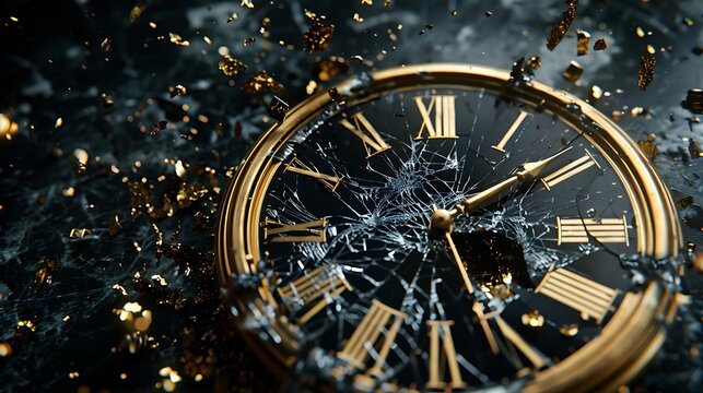 Broken shattered clock on a black background out of time concept