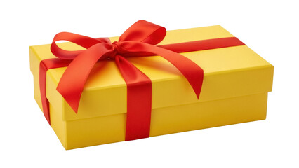 Obraz premium Yellow gift box with red ribbon isolated PNG, present for birthday or Christmas on transparent background, holiday celebration