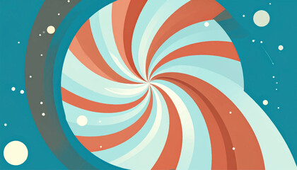 Retro spiral artwork in blue space, using orange and light blue, with white spots evoking stars or dots