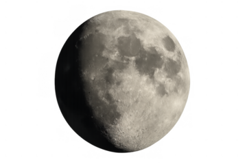Gibbous moon shining brightly in space with craters and maria, astronomical object on transparent background