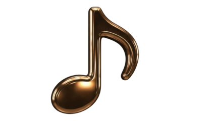 Golden eighth note isolated PNG on transparent background, musical symbol for melody and rhythm in music composition