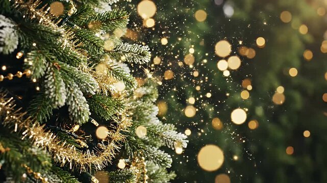 Decorated Christmas Tree with Bokeh Lights - Close up of a Christmas tree with snow-tipped branches and golden decorations like tinsel and beaded garlands.