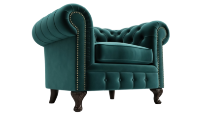 Elegant emerald green Chesterfield armchair isolated PNG, luxurious velvet furniture on transparent background for interior design and home decor projects