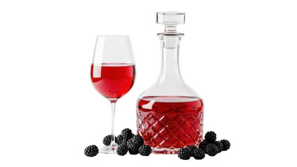 Elegant crystal decanter and wine glass with red wine isolated PNG, surrounded by fresh blackberries on transparent background