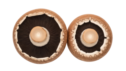 Two portobello mushrooms isolated PNG, fresh brown fungi with gills on transparent background for cooking and healthy eating