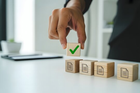 Professional Selecting Correct Document from Files, Showcasing Approval Workflow, Quality Assurance Systems, Compliance Checking, Process Optimization, and Business Documentation Accuracy