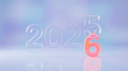 A modern 3D digital illustration showing the transition from the year 2025 to 2026 with a sleek glassmorphism effect and soft gradient colors.