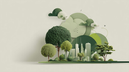 green sustainable city illustration, eco friendly urban landscape, nature and city harmony
