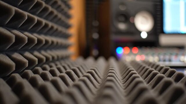 Close up of acoustic foam in a recording studio with blurred background showing audio equipment and colorful lights in a soundproof room