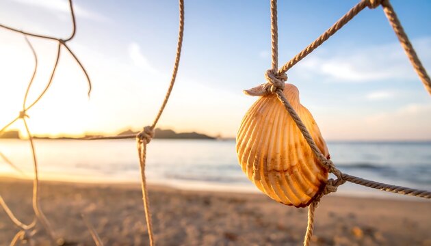 Seashell caught in a rope net on a sun-drenched sandy beach - Powered by Adobe