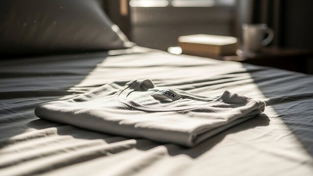 Folded Towels on Bed with Morning Sunlight.
