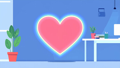 Room scene with a glowing heart on wall, desk, plant, books, cup and supplies, and desk lamp