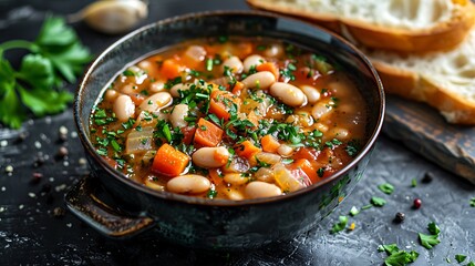 Rustic white bean and vegetable soup with bread