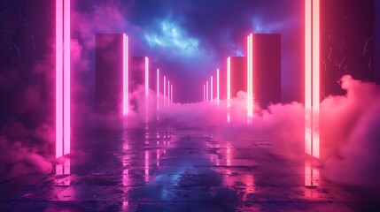Synthwave retro background with glowing neon lights