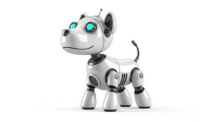 Cute White Robot Dog with Glowing Blue Eyes and Antenna, a Robotic Pet or AI Companion on a Clean White 3D Render.