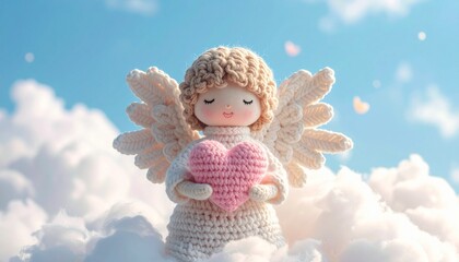 Crocheted angel doll with white wings and pink heart against cloud and blue sky background